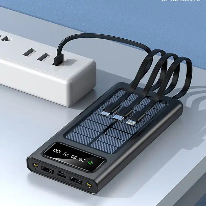Solar Power Bank 20000C mAh, Fast Charging Built in Cable